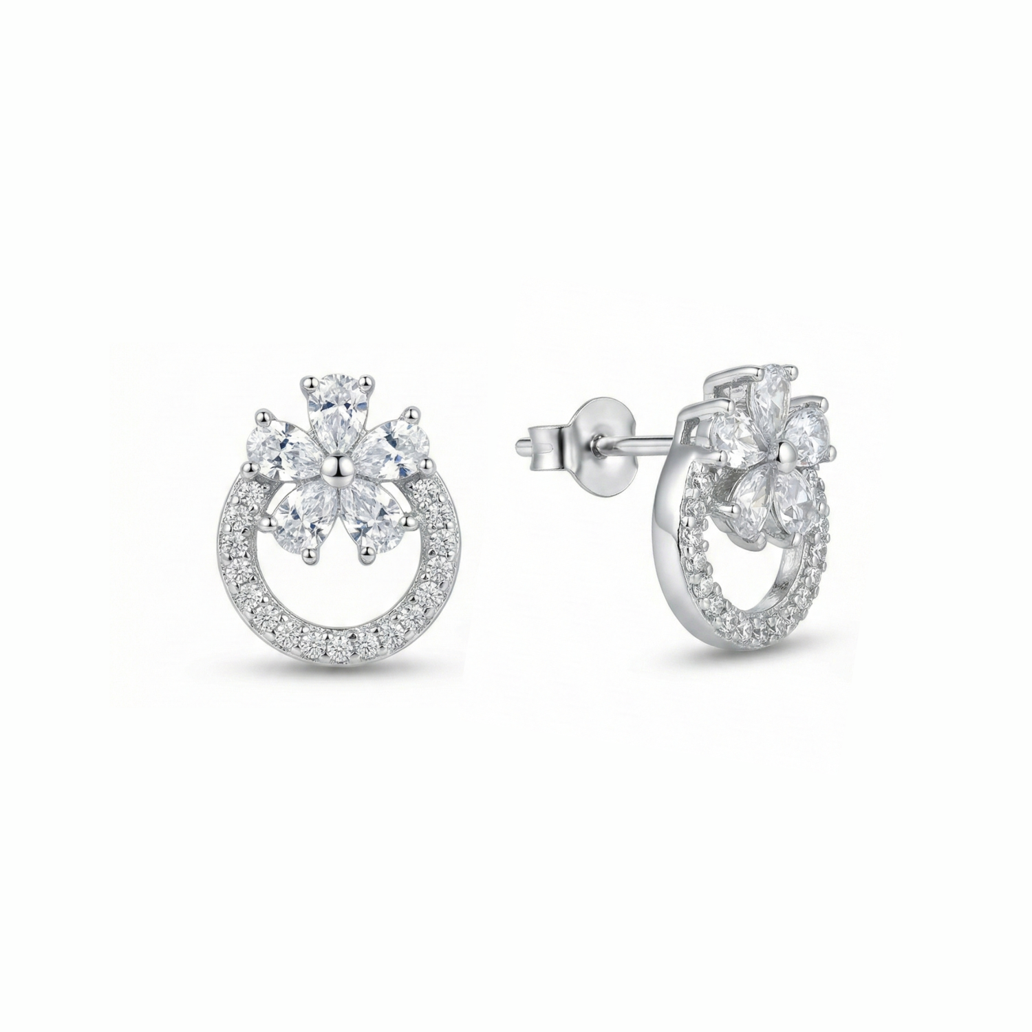 Silver Shining Flower Stud Earrings