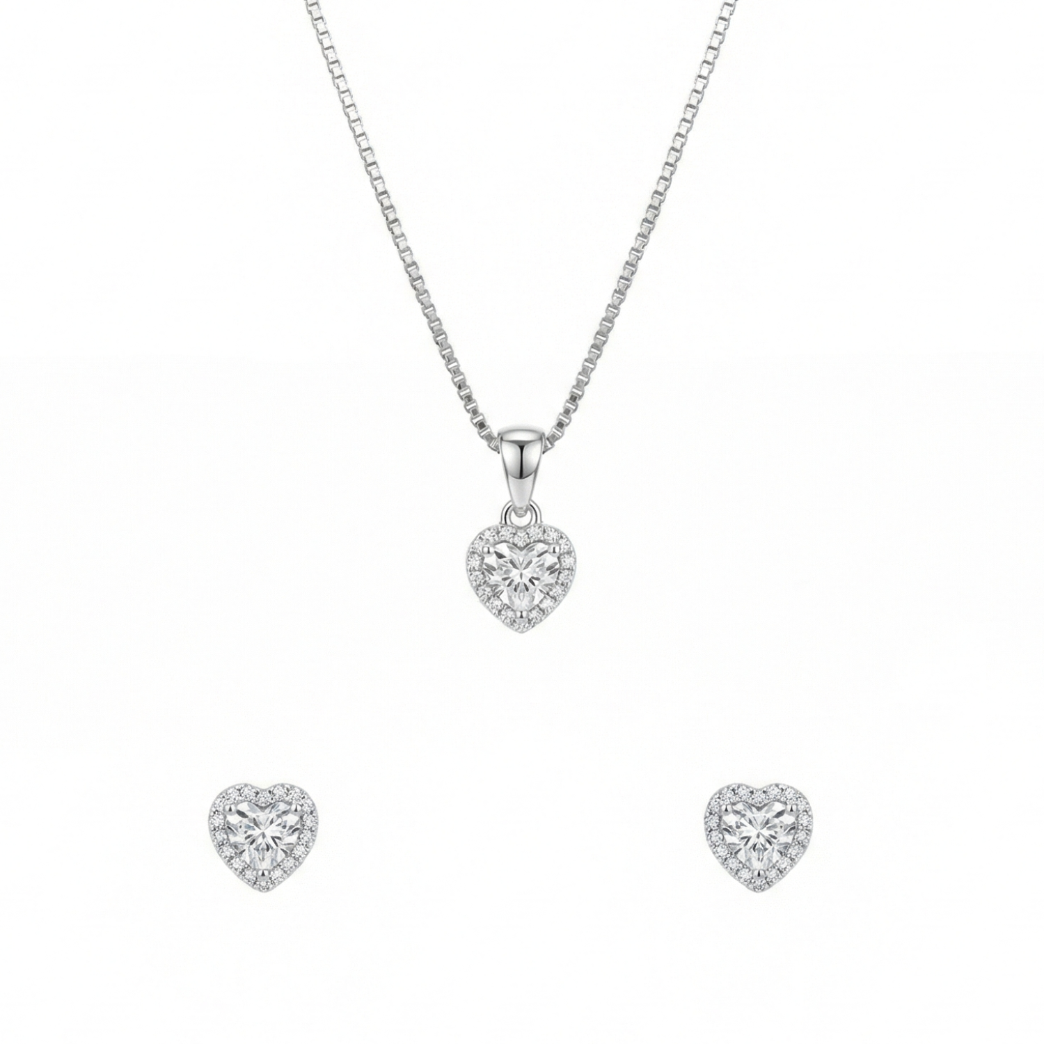 Silver Sparkling Heart Pendant Set