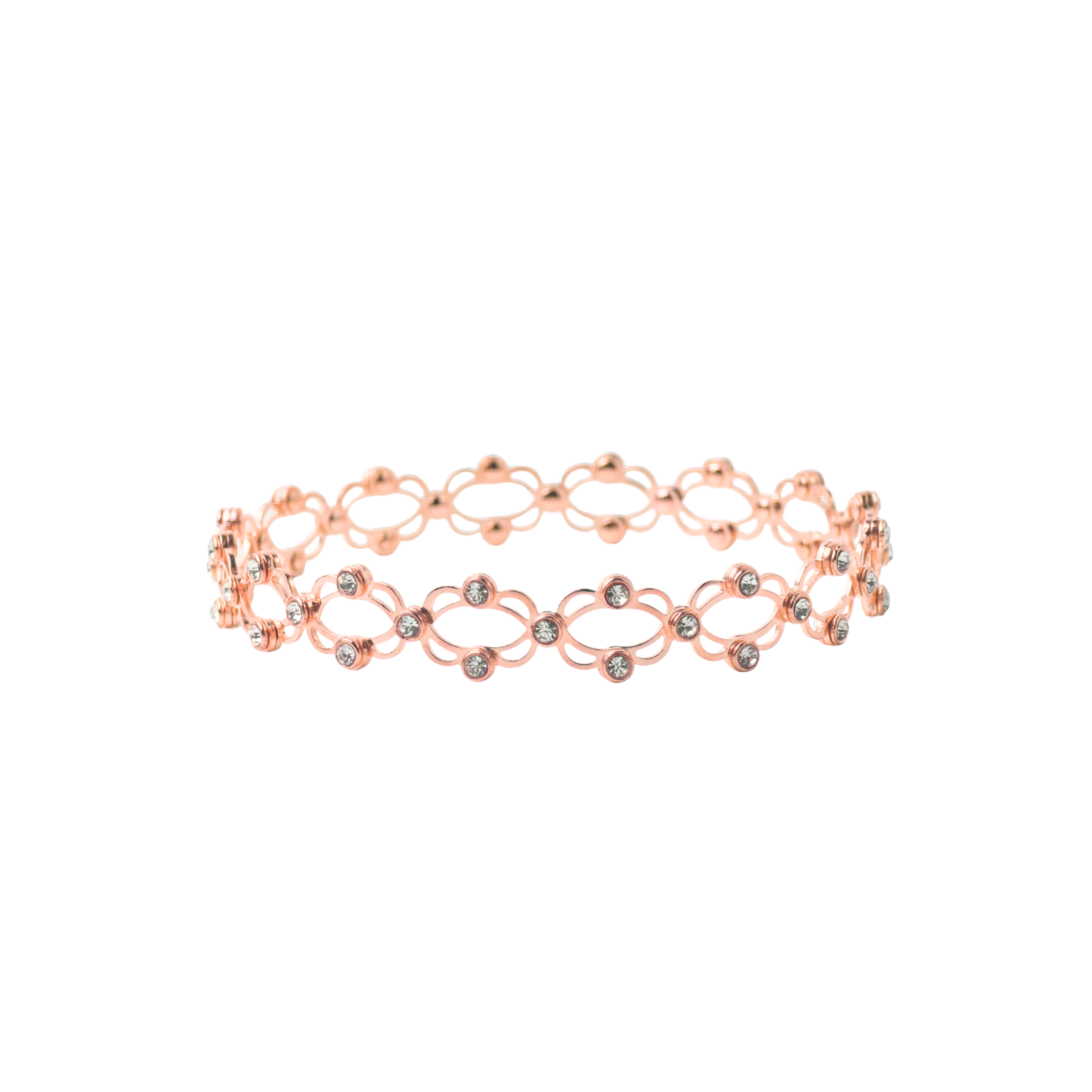 Rose gold bracelet with small stones on a white background