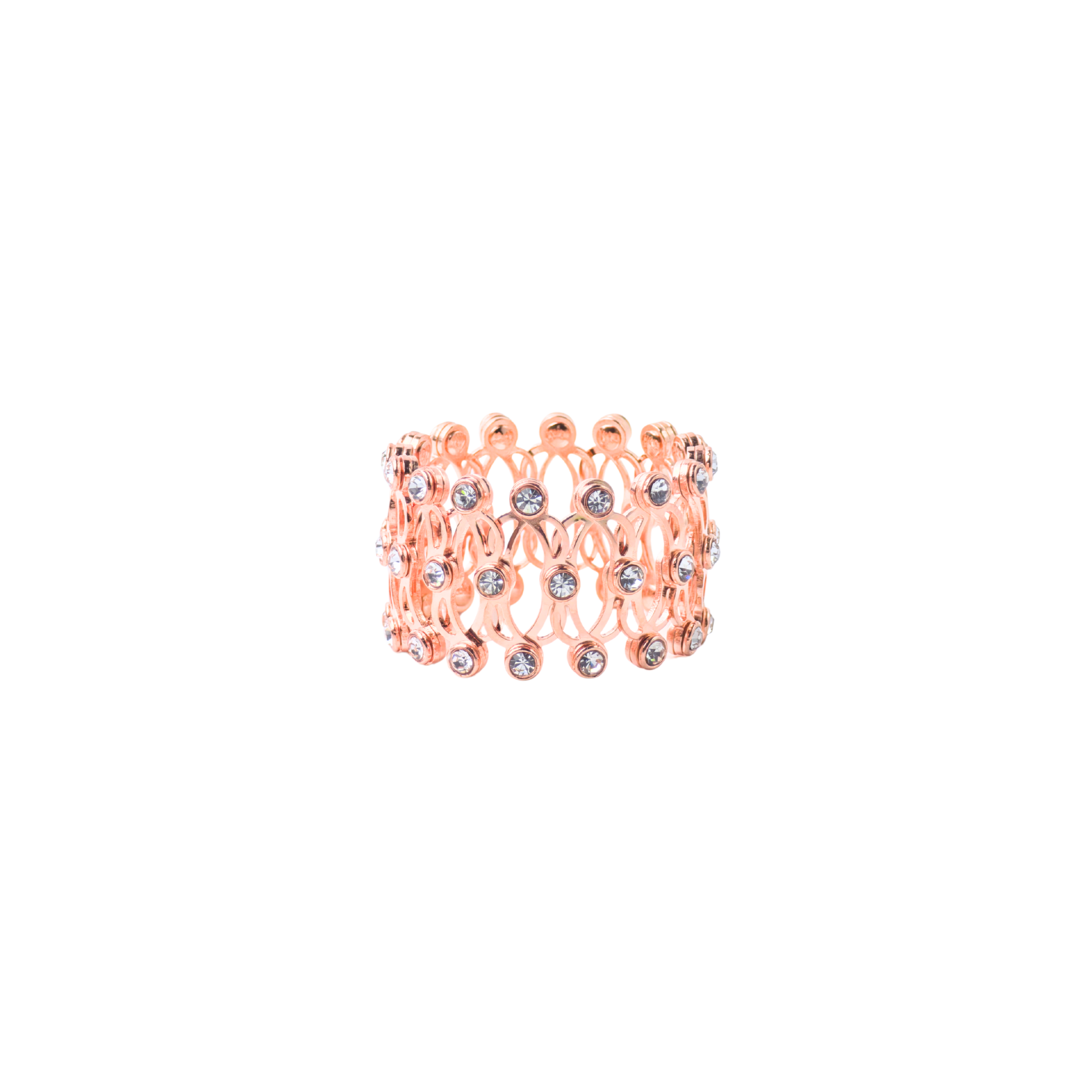 Rose gold ring with gemstones on a white background