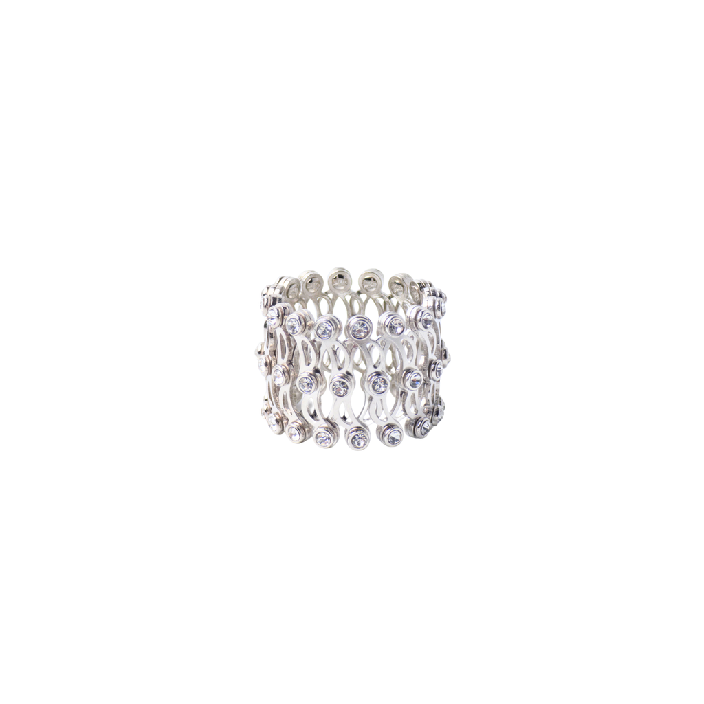 Silver bracelet with clear stones on a white background