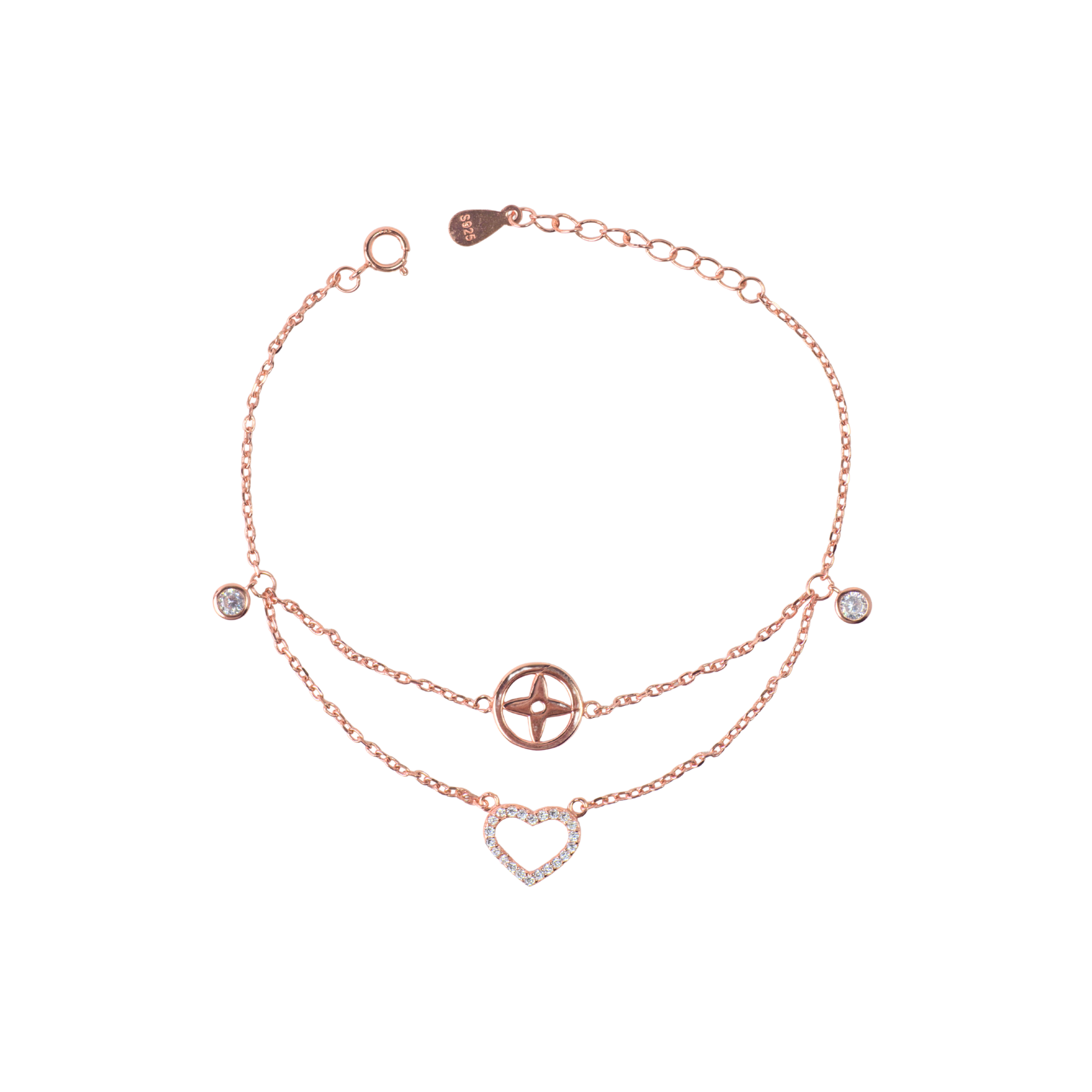 Rose gold bracelet with heart and star designs