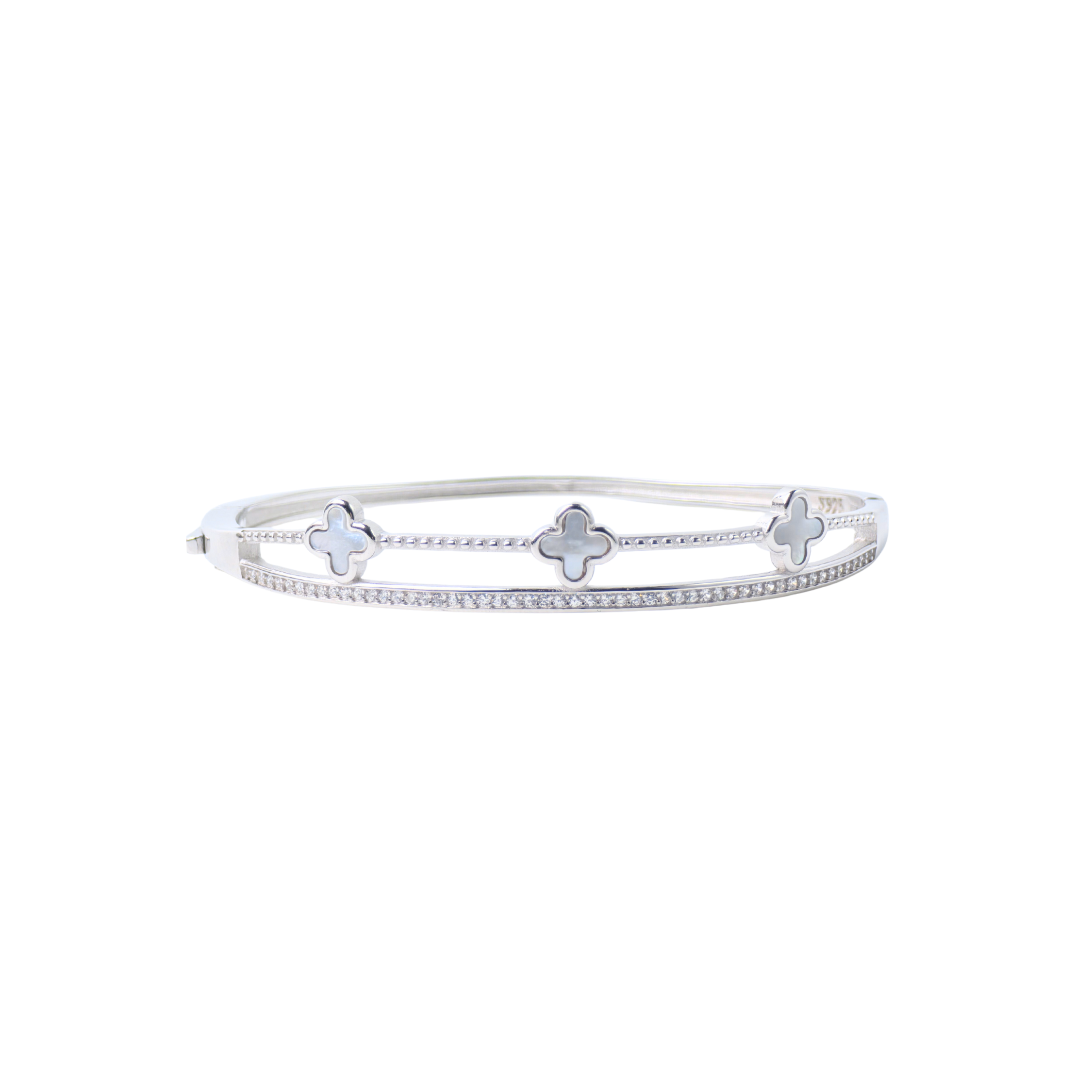 Silver bracelet with clover-shaped charms on a white background
