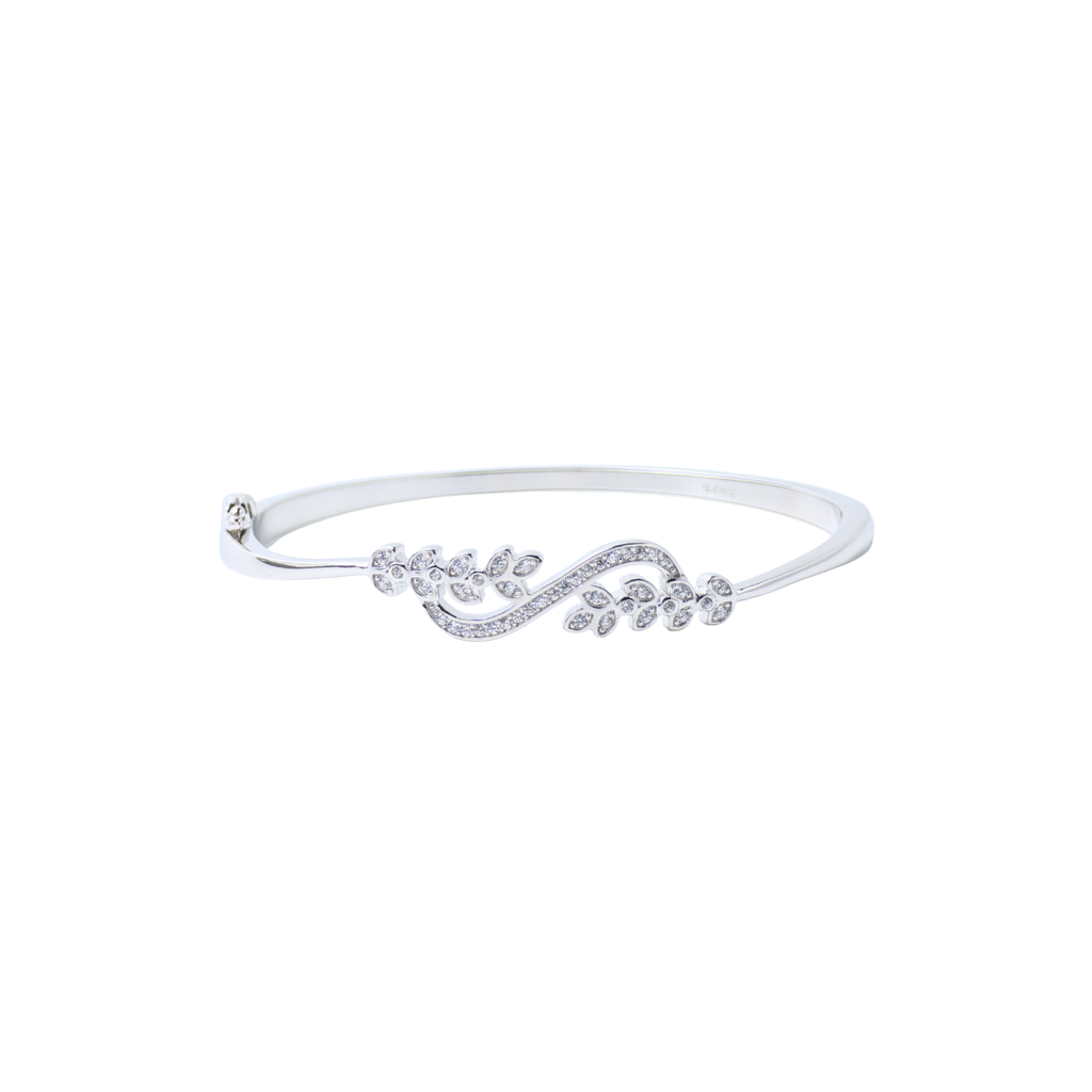 Silver bracelet with floral design on a white background