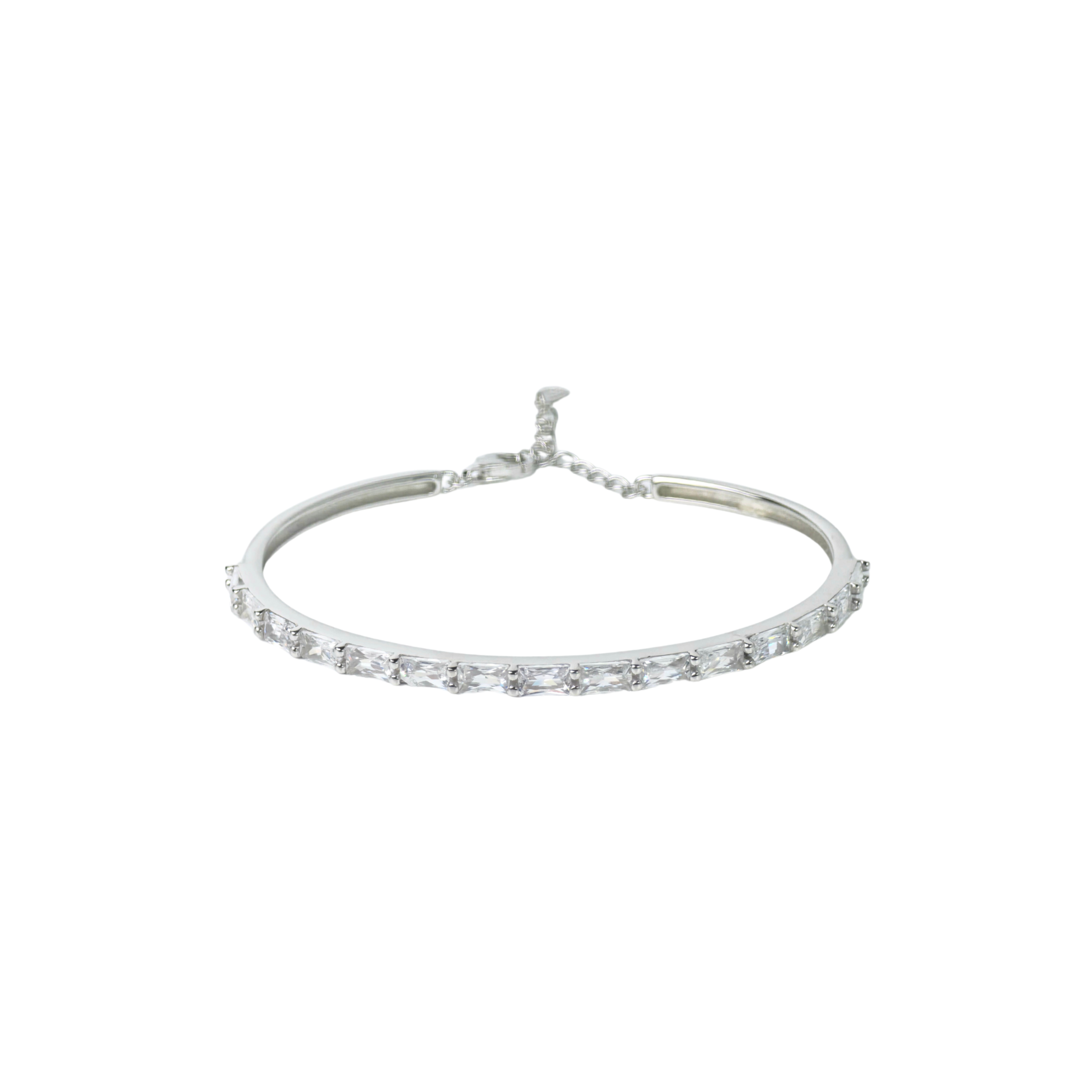 Silver bracelet with clear stones on a white background