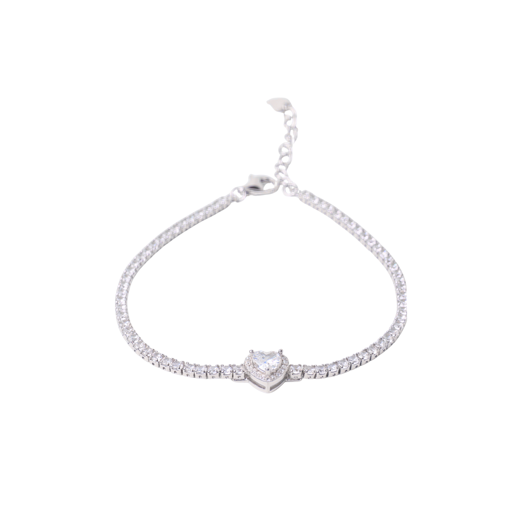 Silver bracelet with a heart-shaped clasp on a white background