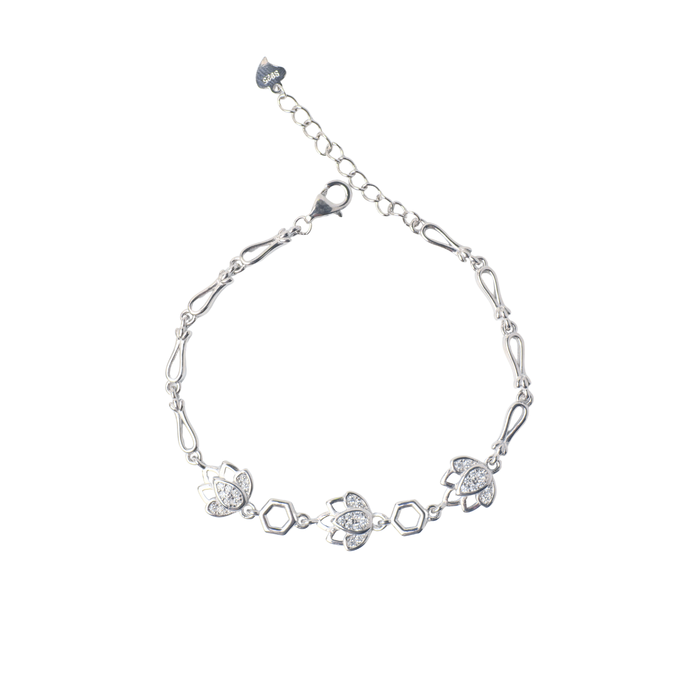 Silver bracelet with turtle and hexagon designs