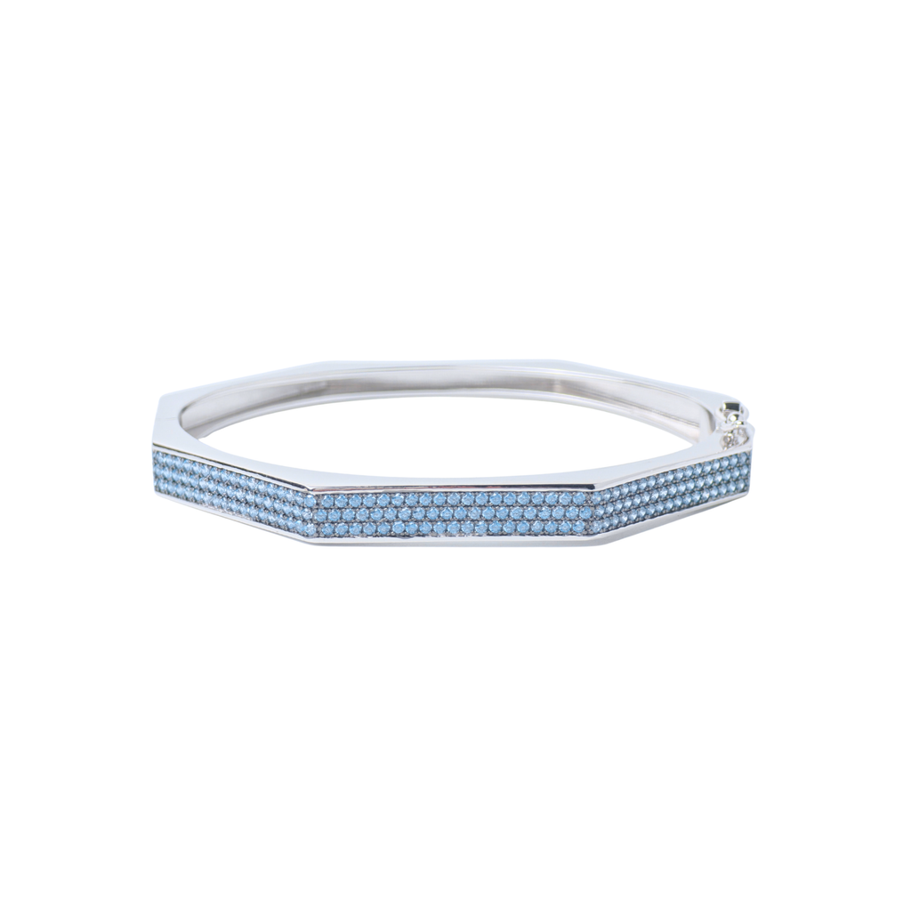 Silver headband with blue gemstones on a white background