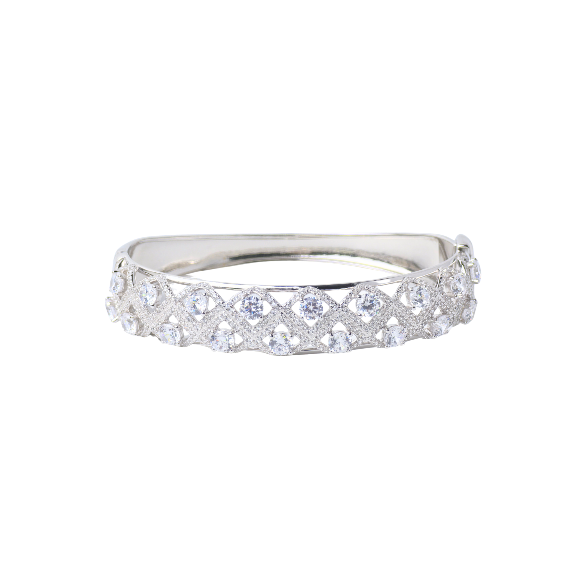 Silver ring with small diamonds on a white background