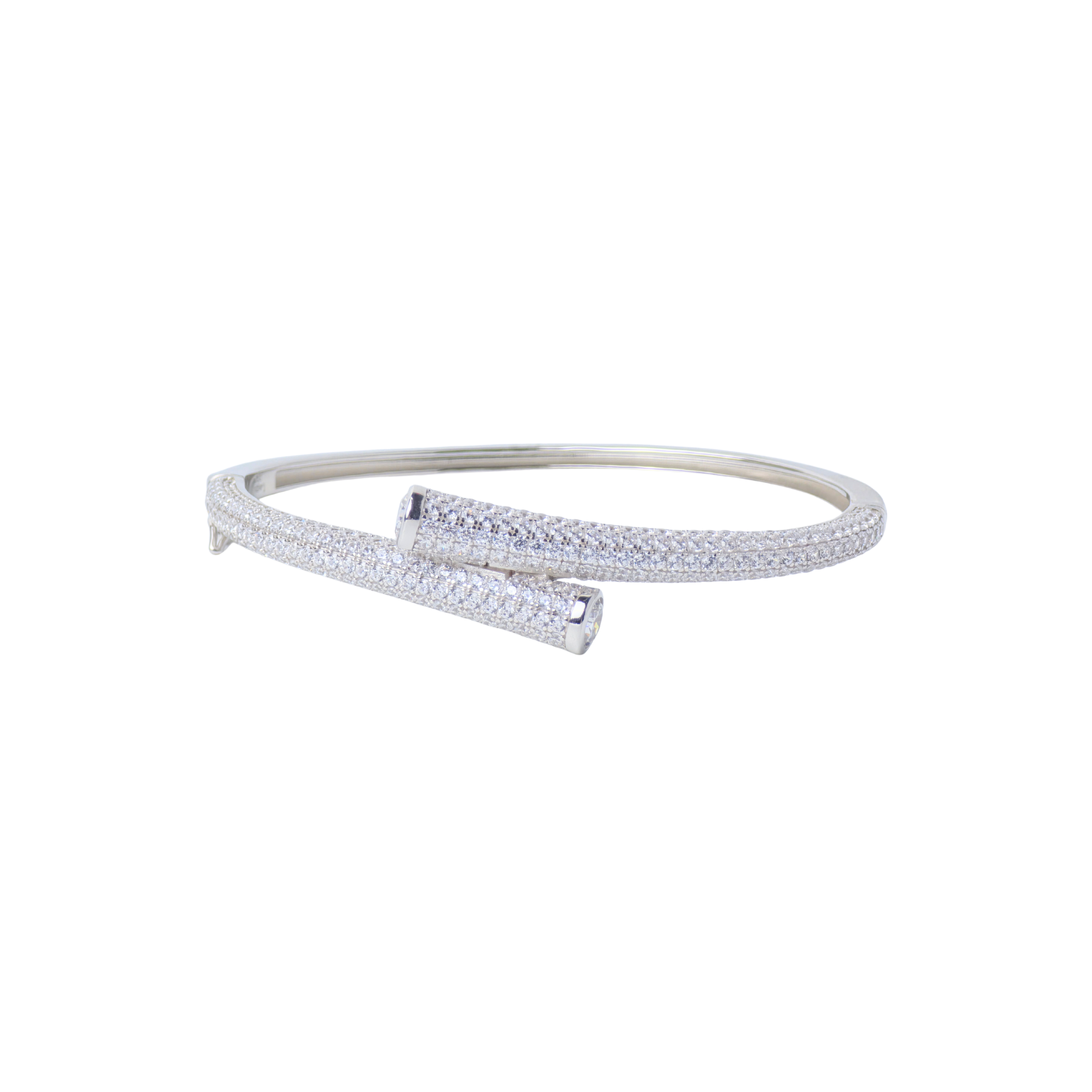 Silver bangle with embedded stones on a white background