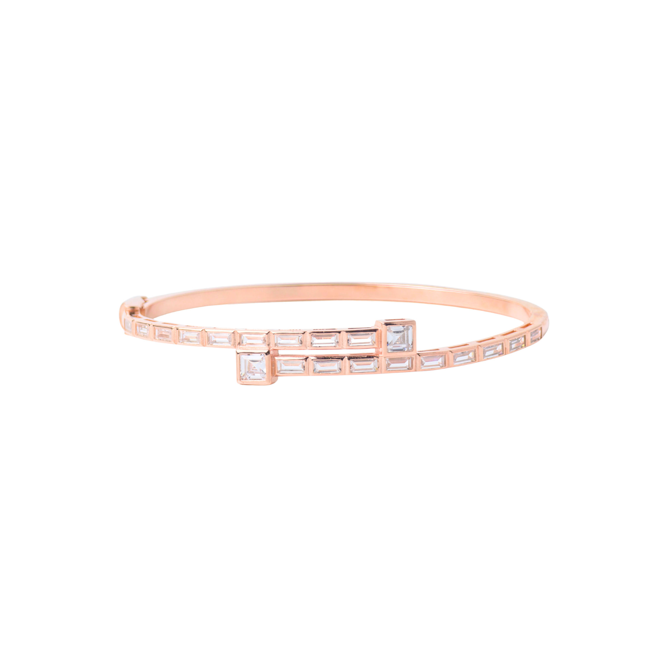 Rose gold bracelet with clear stones on a white background
