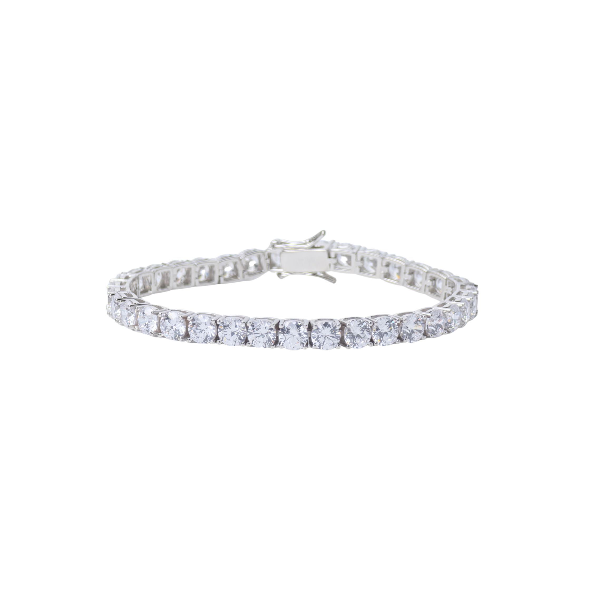 Silver bracelet with clear stones on a white background