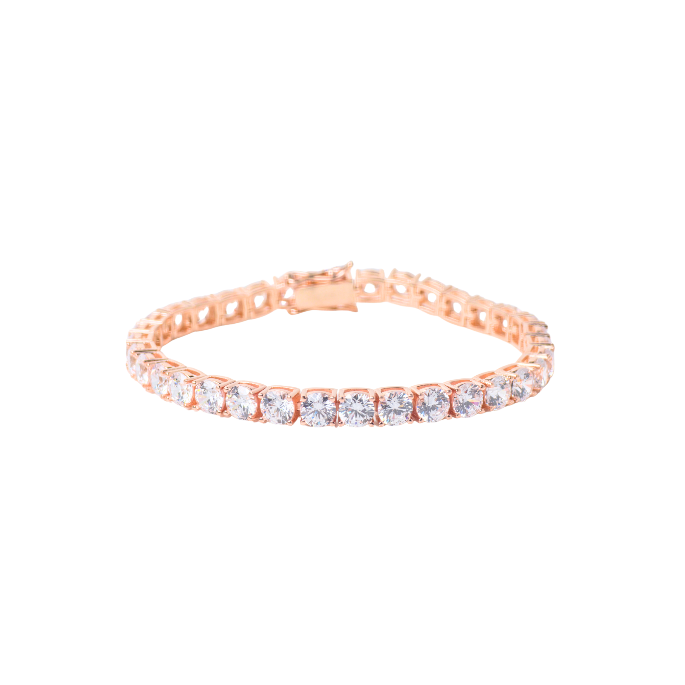 Rose gold bracelet with clear stones on a white background