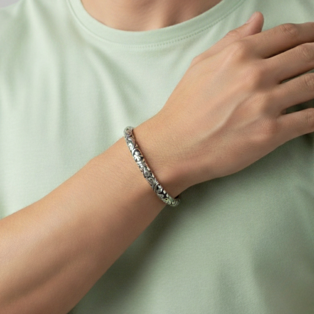 Antique Oxidised Silver Kada Bracelet For Him