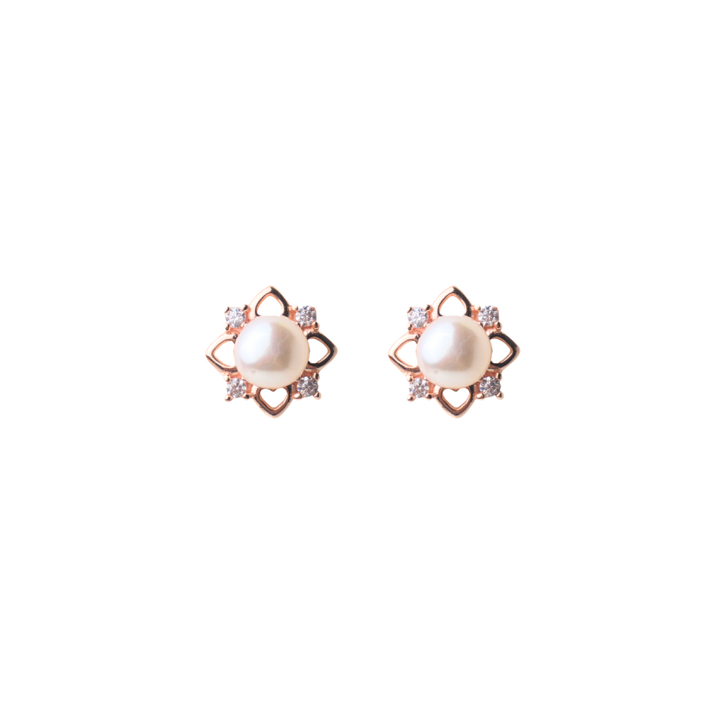 Rose Gold Flowery Pearl Stud Earrings